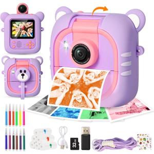 Kids Camera Instant Print, 7 Print Paper (4 Color: O/R/G/B+3 B&W), 2.4" Screen Instant Camera for Kids Ages 3-12,1080P, 180Flip Lens,32GB Card- Christmas Birthday Present for Boys & Girls,M2