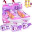 Girls Kids Adjustable Light Up Skates, 8 Light UP Wheels, Rainbow Roller Skates for Toddlers Beginner Kids (S 9C-12C) ) (Pink)
