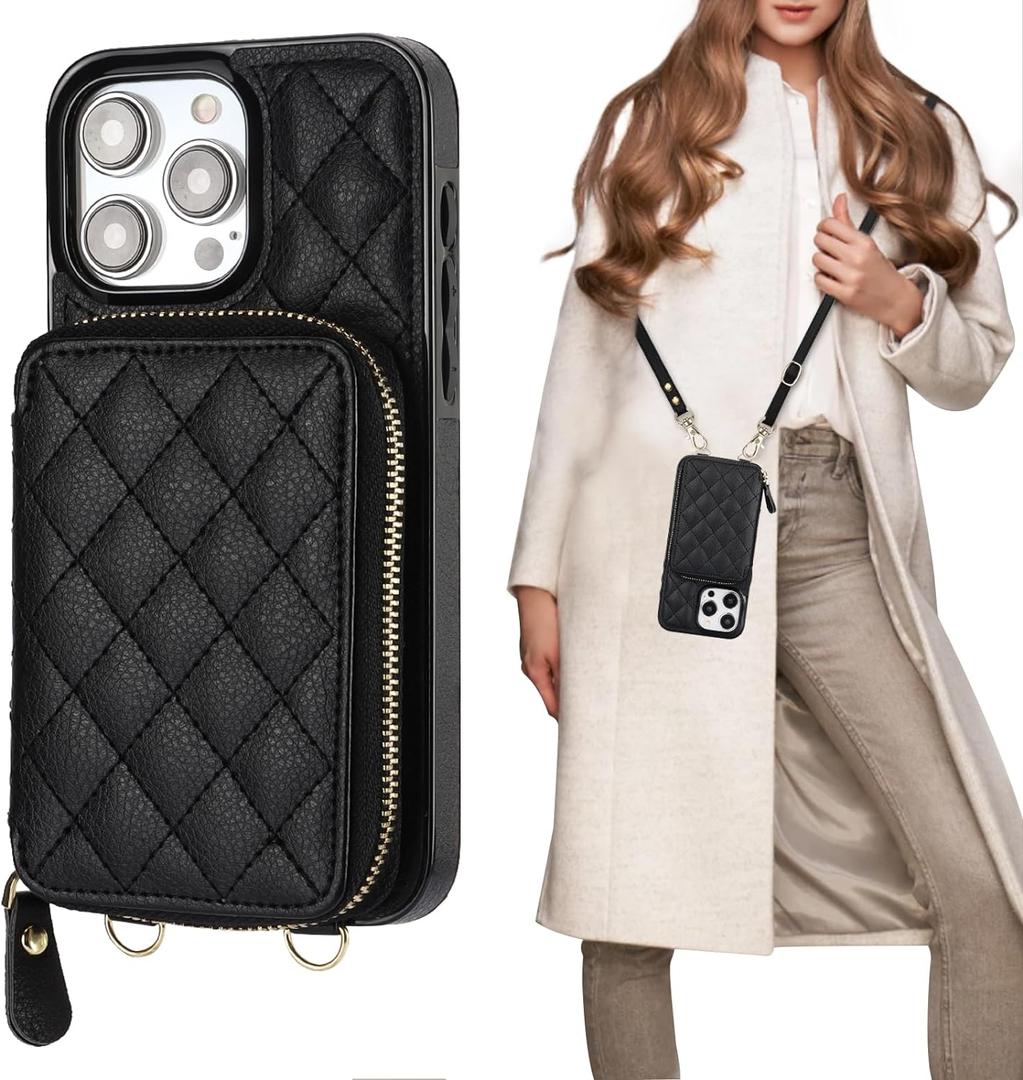 Bocasal Crossbody Wallet Case for iPhone 15 Pro Max, RFID Blocking PU Leather Zipper Handbag Purse Flip Cover, Kickstand Folio Case with Card Slots Holder Wrist Strap Lanyard 5G 6.7 Inch (Black)