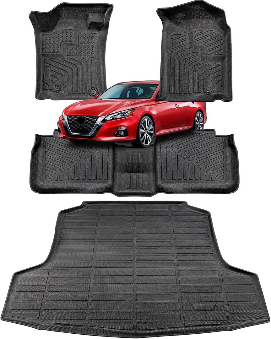 Floor Mats for Nissan Altima 2013-2018 Car Accessories Set All Weather Rubber TPE Tech Black Trunk Cargo Liner & Front Rear Tapetes Custom Fit Carpets for Altima 2018 2017 2016 2015 2014 2013