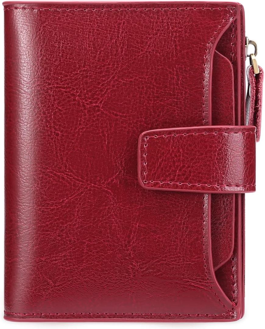 GOIACII RFID Women's Wallet Small Ladies Credit Card Holder Leather with Zipper Pocket 4 ID Windows Wine Wax Red