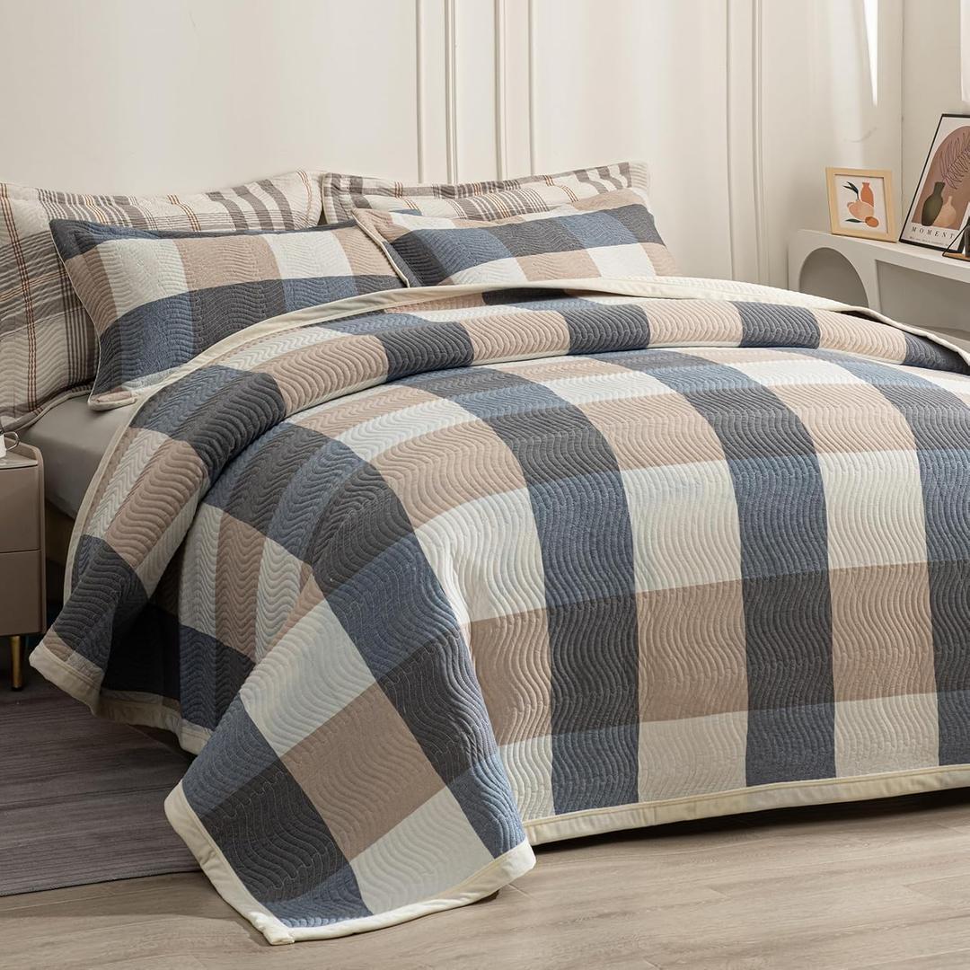 tohrisa Cotton Plaid Quilt Set, Ultra Soft 3 Pieces King Size Bedding with 2 Pillow Shams, Lightweight Reversible Coverlet Bedspread with Wave Quilting for Summer, 108"x96", Grid-Beige Blue