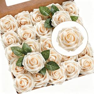 Ling's moment Artificial Flowers 25Pcs Glowing Cream Roses Decor w/Stems,3" DIY Foam Floral for Wedding Bouquet/Centerpieces, Outdoors Party Backdrop, Room/Table, and Garden/Pot Decorations