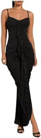 Floerns Women's Ruffle Ruched Cami Dress Draped Split Elegant Bodycon Maxi Dresses, No Size, Black 