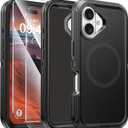 Compatible with iPhone 16 Case with Screen Protector, Shockproof, Compatible with MagSafe, 3-Layer Drop Protection, Heavy Duty Magnetic Phone Case Cover, 6.1", Black/Black