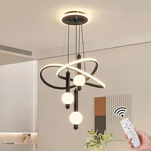 Modern Chandeliers for Dining Room, 19.69in LED Dimmable Kitchen Pendant Lamp, Black Ceiling Pendant Light Fixtures Over Table, Globe Ring Chandeliers for Living Room Bedroom Staircase