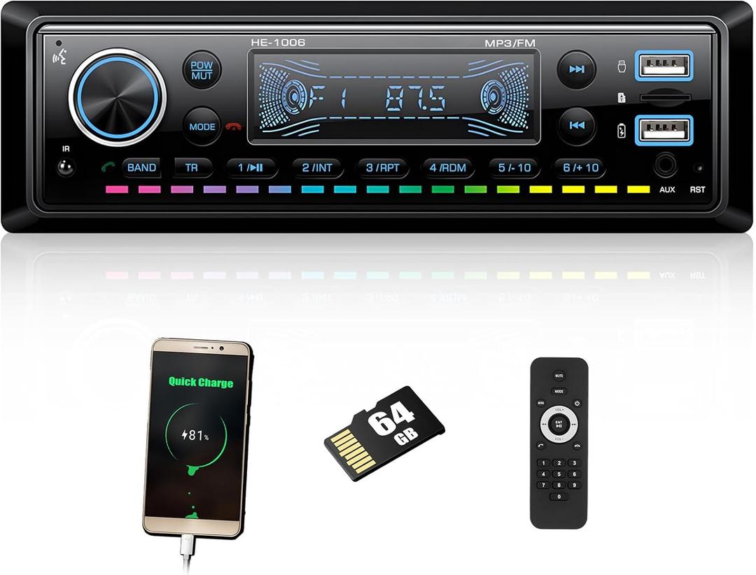 Single Din Bluetooth Multimedia Car Stereo Radio MP3 Player,USB/TF/AUX-in,FM,LCD Display,64GB SD Card,Handsfree,Quick Charge,LED Colors&Clock Display