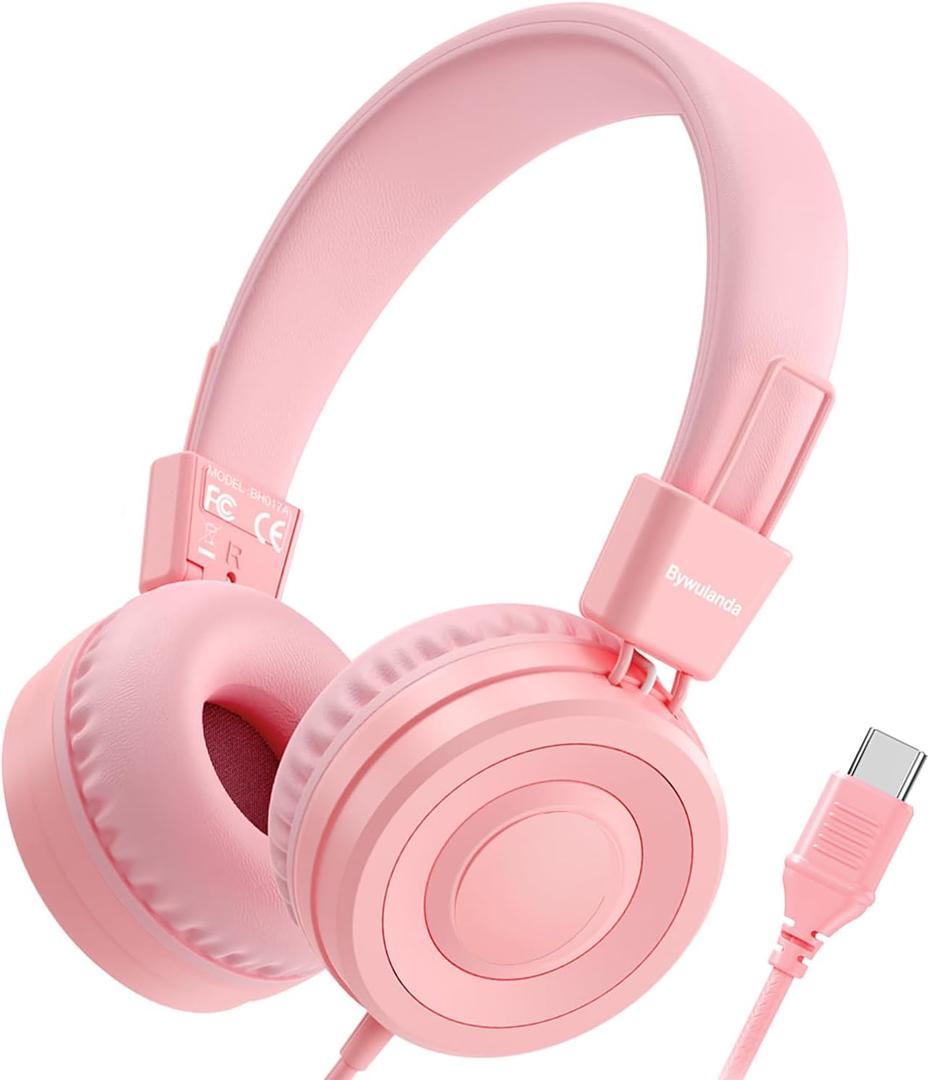 Upgrade USB Type C Kids Headphone for School, 94dB Safe Volume Limited, HD Stereo Sound, Foldable Lightweight On-Ear Headphones for Boys/Girls/Students/Tablet/Travel(Light Pink)