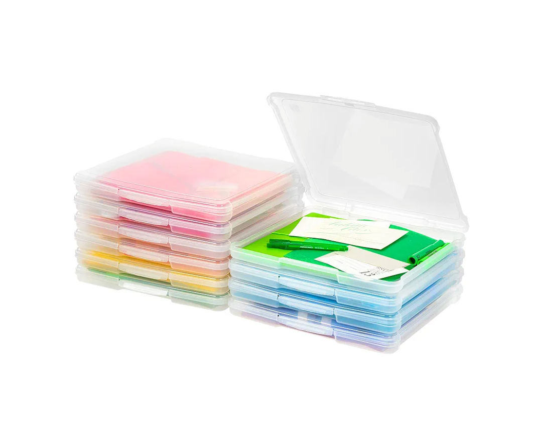 IRIS USA Fits 12" x 12" Paper, 10-Pack Thin Portable Plastic Scrapbook Paper Storage Cases Organizers with Built-in Handle for Art and Craft Supplies, Office Document, Stationery, Photo - Clear