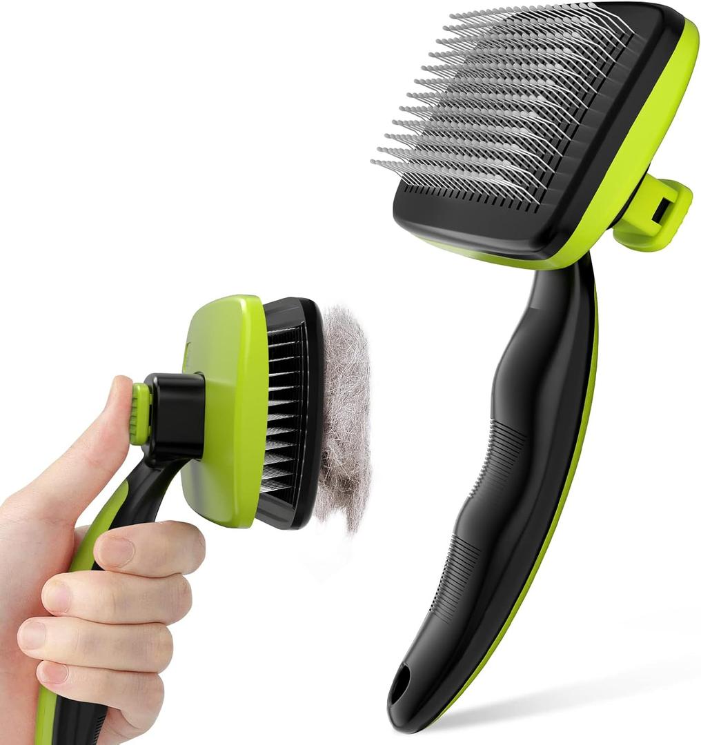 Pecute Self-Cleaning Slicker Brush for Dogs, Cats, Lightweight Dog Brush for Shedding Massaging Grooming, Cat Brush Gently Removes Loose Fur Undercoat for Small Dogs Cats Rabbits of All Hair Types (Medium, Green)