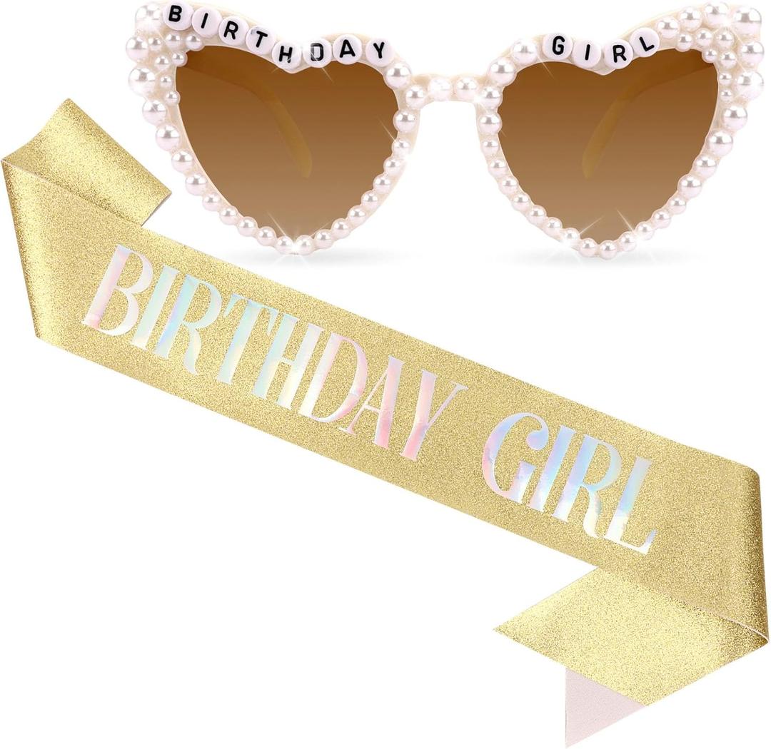 Birthday Sash & Glasses Set, Gold Birthday Sash for Women, Happy Birthday Decorations Outfits Accessories Party Favors Set for Women