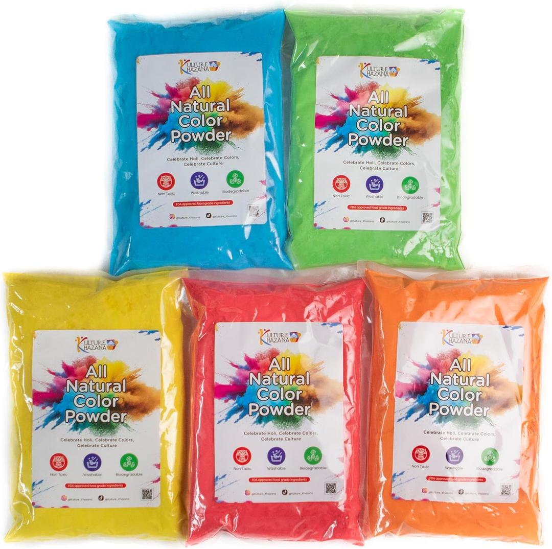 Kulture Khazana: Holi Color Powder 1lb Bags - 5 Pack - All-Natural, Washable, Non-Toxic, for Festival of Colors, Color Run, Gender Reveal & Parties
