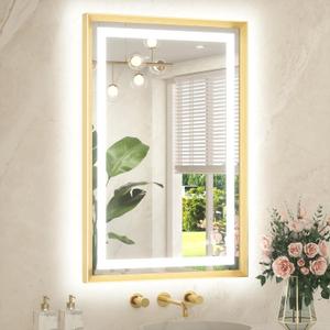 TETOTE 24 x 36 Bathroom LED Mirror Brushed Gold Metal Frame Frontlit & Backlit Vanity Mirror Anti-Fog Stepless Dimmable 3 Colors White/Warm/Natural Mirror with Lights Wall-Mounted