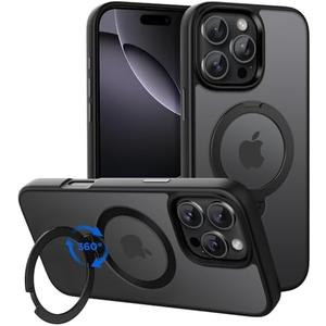 CACOE Magnetic Case for iPhone 16 Pro 6.3 inch with 360 Rotatable Ring Stand, Compatible with MagSafe Car Phone Mount, Cases Cover Phone Holder for Desk Meeting/Videos（Matte Black）