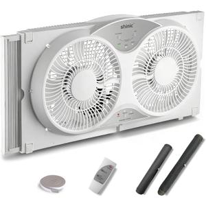 Shinic 9" Twin Window Fan with Remote Control,Reversible Airflow,Removable Cover,3 Speeds, 3 Modes, Expandable Panels (From 24" to 37"),ETL Certified, White
