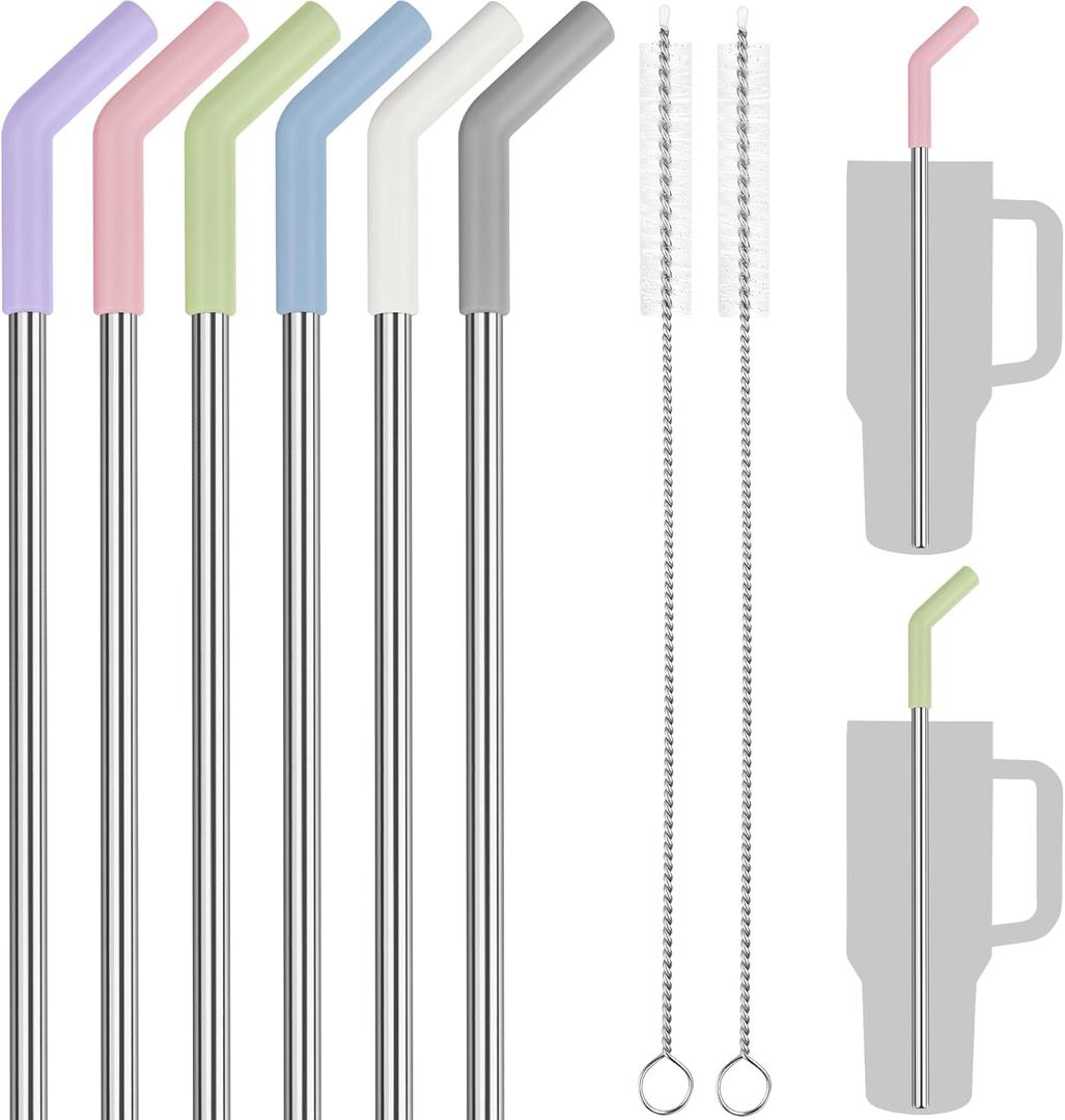 Tomorotec 40oz Straws, 13 Inch Stainless Steel Straw with Silicone Extender Tip for Stanley Adventure Quencher Tumbler 6-Pack with 2 Brushes, 0.35" Diameter Straws Food Grade BPA-Free Colorful Set (Multicolor)