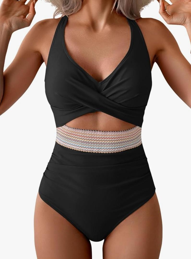 B2prity One Piece Swimsuit for Women Tummy Control V Neck Bathing Suit Color Block High Waisted Cutout Swimwear,M