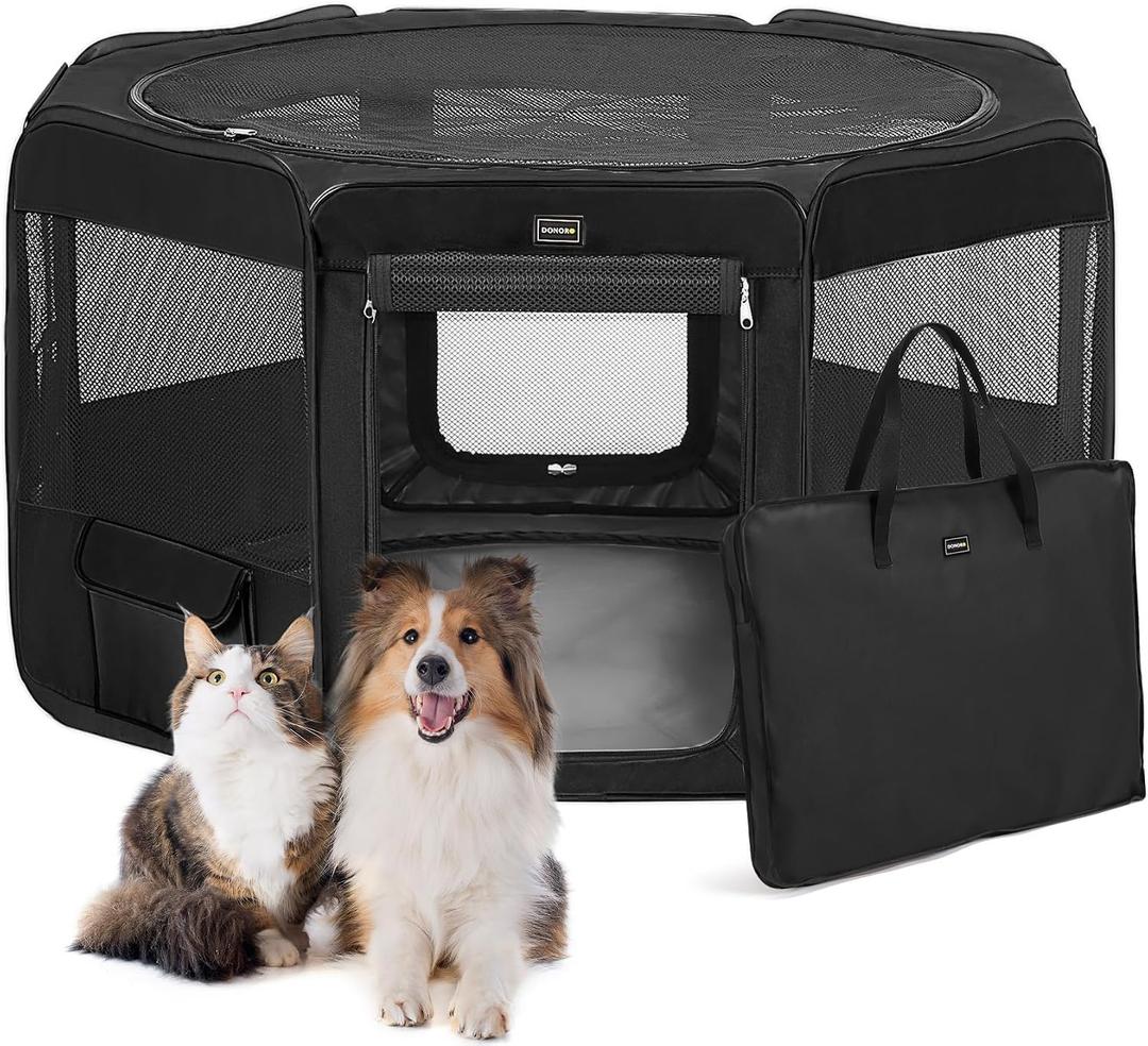 Dog Playpen Portable Pet Play Pens for Small Dog/Cat/Rabbit/Chicks, Cat Playpen Indoor/Outdoor with Carring Case, Removable Zipper Top and Bottom (Black, Large (46"x46"x23"), 8)