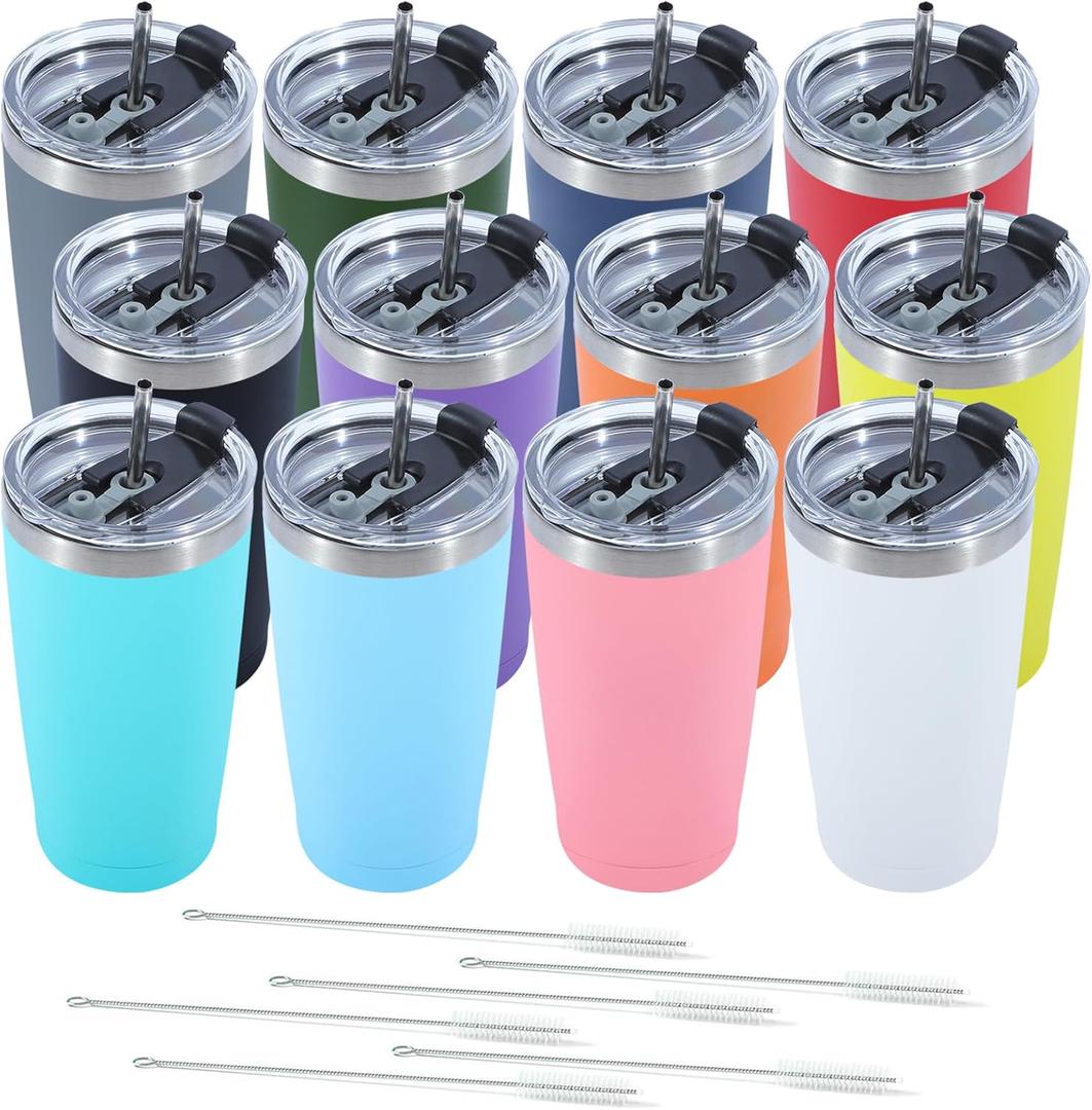 Dongni 20oz Tumbler Bulk Stainless Steel Vacuum Insulated Tumblers with Lid Double Wall Travel Mug Powder Coated Coffee Cup, Suitable for Ice Drinks and Hot BeverageMix 12 pack