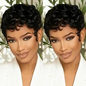 Rofa Beauty Pixie Cut Wig Human Hair Short Curly Pixie Wigs for Black Women Glueless Layered Brazilian Virgin Human Hair Wigs Natural Black Color for Daily Use