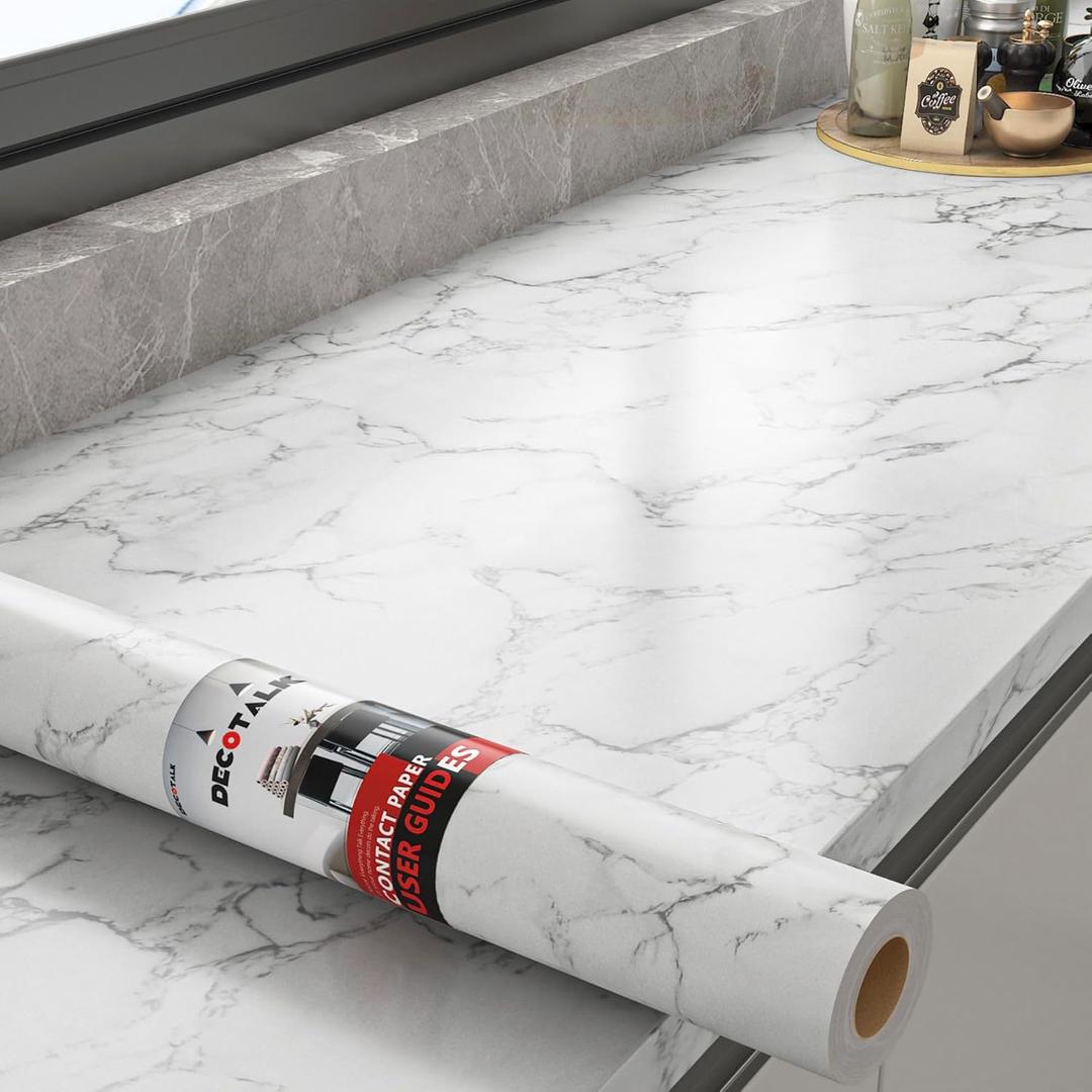 Decotalk 30 x 120 inch Marble Contact Paper Self Adhesive Wallpaper Stick and Peel Grey White Granite Countertop Contact Paper Decorative Wall Paper for Kitchen Backsplash Cabinets Island Furniture