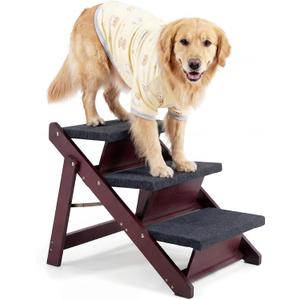 MEWANG Wooden Pet Stairs/Pet Steps - 3-in-1 Foldable Stairs & Rampfor Beds and Cars - Portable Dog/Cat Ladder Up to 220 Pounds - Great for Small and Older Animals(Brown) (24.8" L x 17.2" W x 19.5" H)