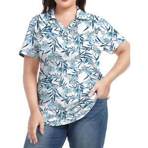 COOTRY Plus Size Golf Polo Shirts for Women Short Sleeve V Neck Tennis Tops Loose Fit T Shirt 3 Buttons White Floral 3XL (XXL)