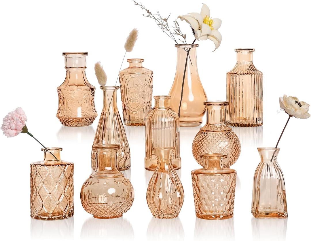 Amber Glass Vase Set of 12, Clear Bud Vases in Bulk, Mini Vases for Flowers, Small Flower Vases for Centerpieces, Vintage Decorative Embossed Vase for Home Decor, Wedding Table Decoration