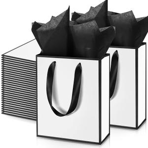 Yeaqee 50 Pack Metallic Gift Bags with Handle and Tissue Paper Gold Foil Thank You Bag for Thanksgiving Day Christmas Wedding 5 Senses Gifts Holiday Party Favors 9x7x3.15''(White Black)