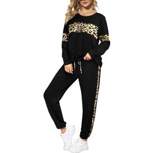 Leopard Sweatsuits Women 2 Piece Sets Fall Casual Crew neck Long Sleeve Tops pants Sexy Tracksuit with Pockets (Large, Black)