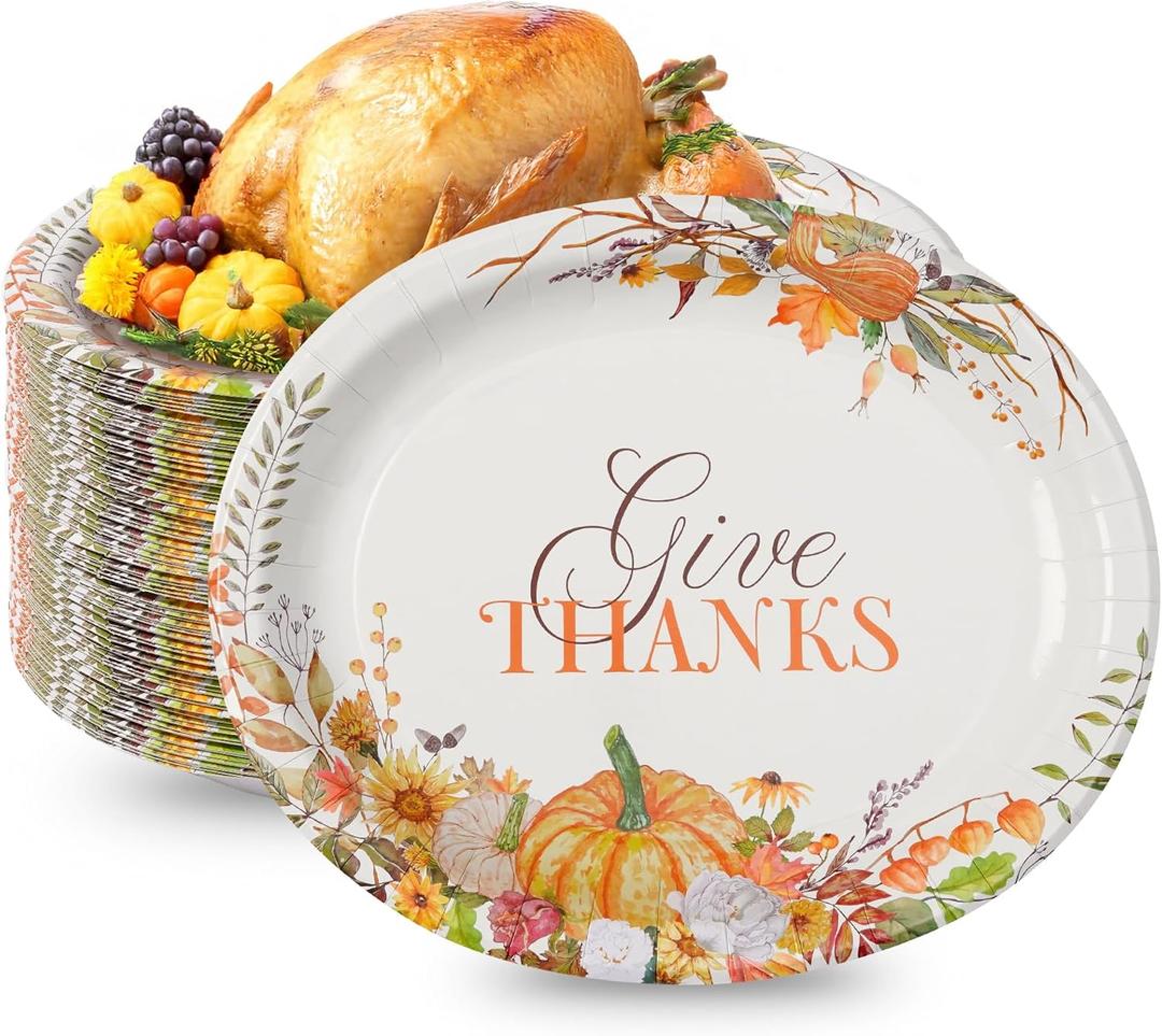 50Pcs Heavy Duty Thanksgiving Oval Paper Plates12.5"x10"Large Oval Disposable Dinner Platters, Pumpkin Autumn Fall Harvest Party Supply Thanksgiving Decor
