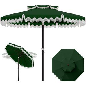 AreShark 9FT Patio Umbrella with Fringe, Wind-Resistant Fiberglass 8 Ribs Tassel Outdoor Umbrella with Crank and Push Button Tilt, Double Tier Vent Sun Shade for Pool, Deck, Backyard, Dark Green