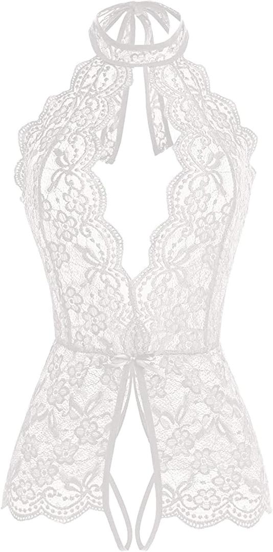 Ababoon Women One Piece Lingerie Lace Sexy Baby Dolls Teddy Sleepwear (Medium, White)
