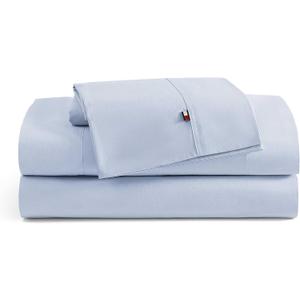 Tommy Hilfiger - Sheet Set, Cotton Percale Bedding with Matching Pillowcases, Crisp & Cool, Solid Home Essentials (Blue, King)