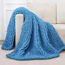 Bigacogo Chunky Knit Throw Blanket for Couch, 40x60 inches, 100% Hand Knitted with Thick Jumbo Chenille Yarn, Cozy Soft Large Rope Knot Cable Crochet Blankets for Sofa Bed Living Room, Bright Blue