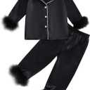 fyclemt Toddler Baby Girl Satin Pajamas Feather Trim Long Sleeve Button Down Shirt Long Pants 2PCS Pjs Sleepwear Lounge Sets (3-4T, Black)