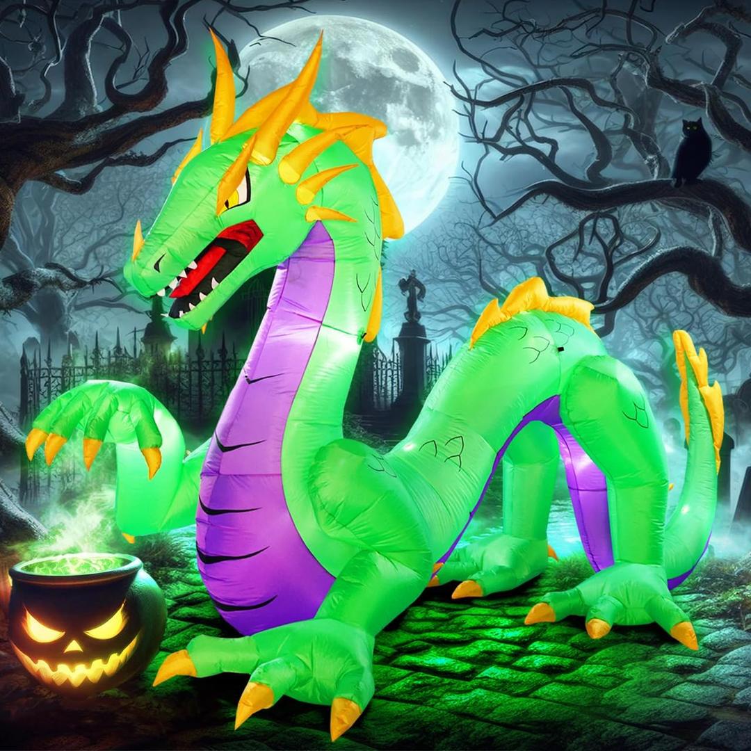 11FT Length Giant Green Halloween Inflatable Dragon, Blow Up Dragon Outdoor Halloween Inflatables Decorations Built-in 5 Bright Led Lights