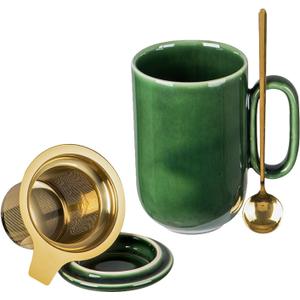 vicrays Ceramic Tea Mug Infuser - Large Cup 16 oz Hot Loose Steeping Handle Teacup with Leaf Infuser Spoon Lid - Tall Glazed Strainer Coffee Mug Microwave Safe - Green