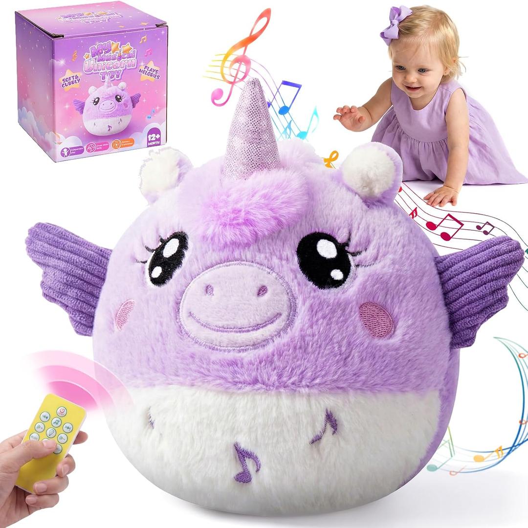 Music Crawling Toy for Baby 6-12 Month,Unicorn Tummy Time Toys & Floor Play | Infant Stuffed Animal Toy with Volume Adjustable/Rechargeable/Record, Baby Remote Sensory Toy Girl Gift Set for 1 Years Old+