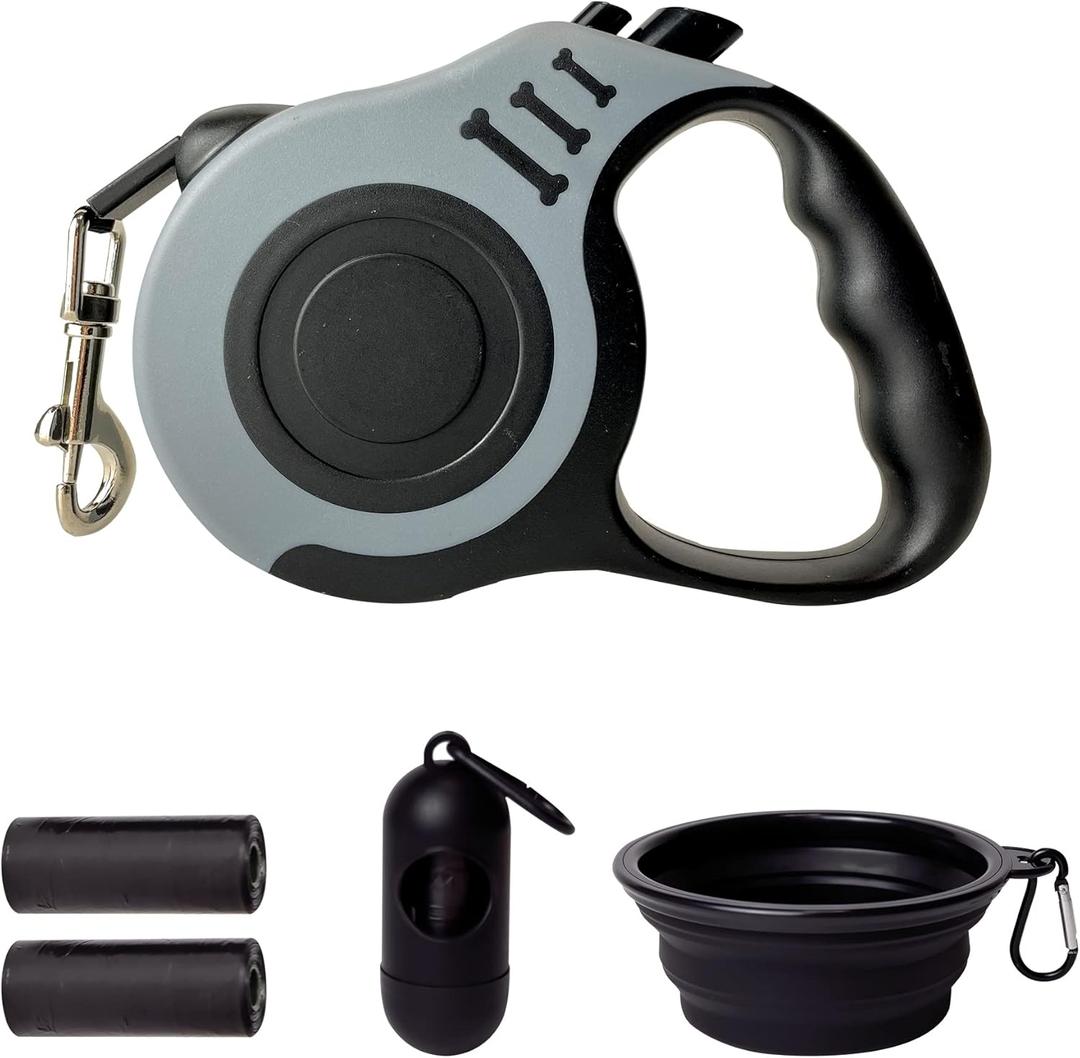 Retractable Dog Leash Automatic Telescopic Tractor Dog Tape, Pet Tape 10/16 FT Durable and Convenient, with Folding Bowl, Dispenser, Rubbish Bags, Suitable for Small and Medium Dogs (Gray Set)