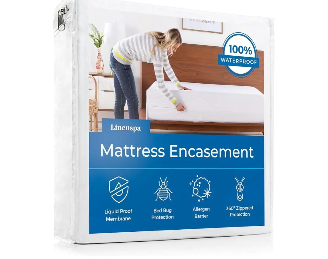 Linenspa Zippered Mattress Encasement – Queen Size Waterproof Mattress Protector – Quiet Cover & Complete protection – Dorm Room Essentials, White
