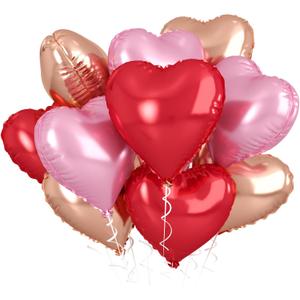 Rose Gold & Pink Heart Balloons - 10 Pcs 18 Inch Foil Heart Shaped Balloons for Girls Women - Red Light - Valentines Day, Birthday, Wedding, Baby Shower, Bridal Party Decorations