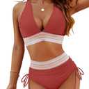Blooming Jelly Womens High Waisted Bikini Tummy Control Swimsuits Two Piece Drawstring Swim Suits 2024 (M, Brick Red)