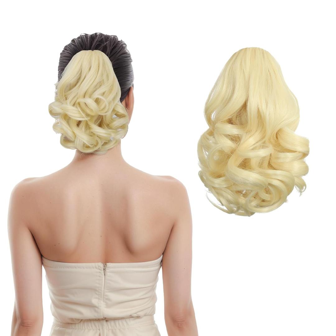 Tiklans Blonde Ponytail Extension, 9" Short Claw Clip in Ponytail Hair Extensions Hair Piece Natural Soft Synthetic Curly Wavy Pony Tail Hair Pieces for Women (Platinum Blonde