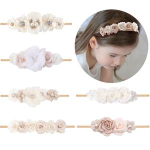 Baby Girls Headbands Flower Headband 6 Pcs Nylon Elastic Headbands Newborn Hair Bows Hair Accessories Gifts for Infant Toddlers Kids (beige set)