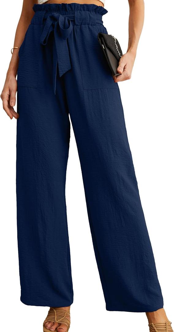 IWOLLENCE Women's Wide Leg Pants with Pockets High Waist Adjustable Knot Loose Casual Trousers Business Work Casual Pants (Blue, L)