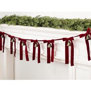 Garland Christmas Decorations Indoor, Vintage Christmas Bell Banner with Red Velvet Ribbons, Retro Brass Bells Classic Xmas Decor for Fireplace Mantle Wall Door Home Office Farmhouse Garden Outdoor