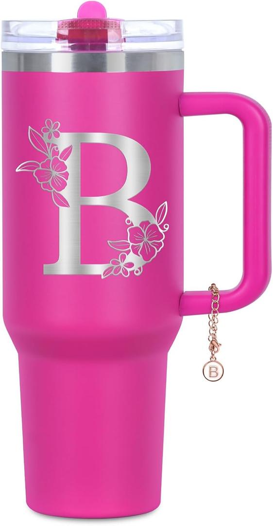 Personalized 40 oz Monogrammed Tumbler with Handle & Flip Straw, 100% Leak Proof stainless steel Insulated Tumbler, Customized Initial Funny Gifts for Women Mom Sisters Coworker, B