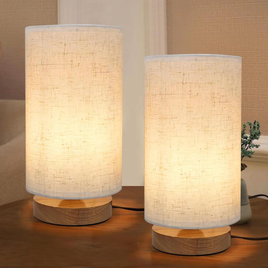 Table Lamps for Bedrooms Set of 2, Minimalist Bedside Lamps Set with Round Fabric Linen Shade,Reading Small Desk Lamp Set of 2 for Kids Room, Night Nightstand Lamp Set for Living Room, Office (set of 2)