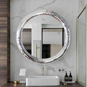 23.6inch Round Decorative Wall Mirror with Mosaic Glass Frame, Silver Bathroom Vanity Mirror